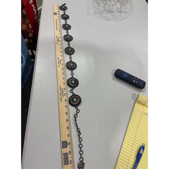 Western Concho Chain Belt Turquoise Stones Adjustable Copper tone Boho Hip Belt - Picture 5 of 7